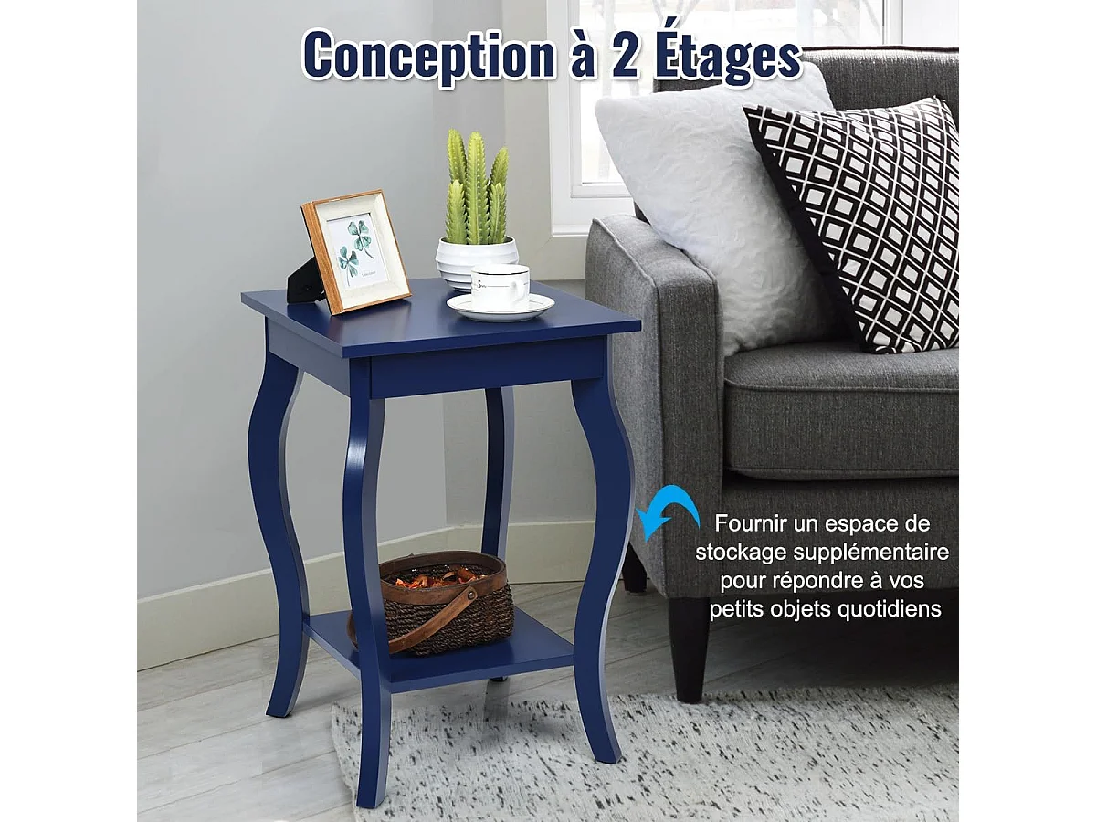 Table d'Appoint, Table de Chevet 2 Niveaux, Bout de Canapé Carré avec Patins Antidérapants pour Chambre, Salon, 40 x 40 x 60 cm, Bleu foncé