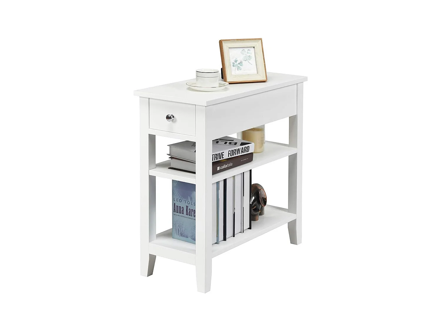 Table de Chevet, Table d’Appoint avec Un Tiroir et Deux Etagères, Table de Nuit Etroite pour Chambre, Salon, Table Basse Simple et Contemporain