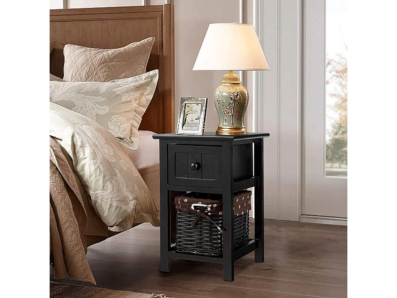 Table de Chevet Table de Nuit Meuble de Chevet avec 1 Tiroir + 1 Panier pour Chambre, Salon,Balcon 28 x 31 x 45 cm Noir