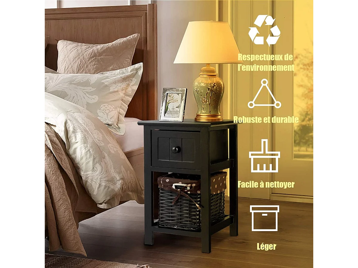 Table de Chevet Table de Nuit Meuble de Chevet avec 1 Tiroir + 1 Panier pour Chambre, Salon,Balcon 28 x 31 x 45 cm Noir