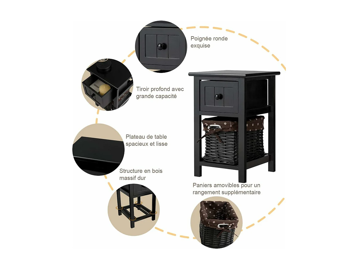 Table de Chevet Table de Nuit Meuble de Chevet avec 1 Tiroir + 1 Panier pour Chambre, Salon,Balcon 28 x 31 x 45 cm Noir