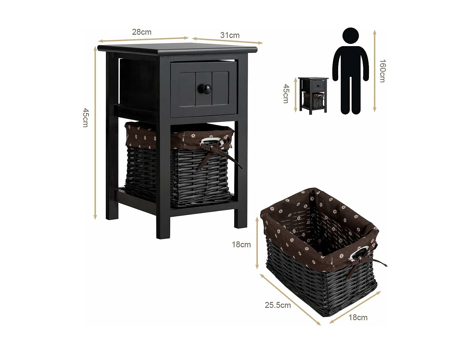 Table de Chevet Table de Nuit Meuble de Chevet avec 1 Tiroir + 1 Panier pour Chambre, Salon,Balcon 28 x 31 x 45 cm Noir