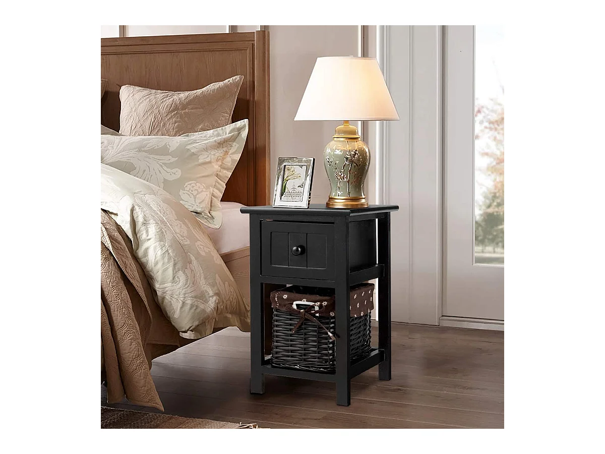Table de Chevet Table de Nuit Meuble de Chevet avec 1 Tiroir + 1 Panier pour Chambre, Salon,Balcon 28 x 31 x 45 cm Noir
