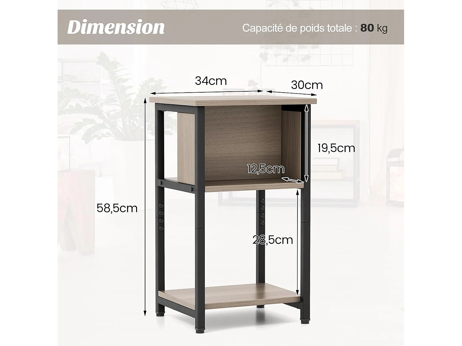 Table de Chevet, Table d'Appoint Compacte 3 Niveaux, 2 Compartiments, Table de Nuit Étroite pour Petits Espaces, Chambre à Coucher, Salon, 34 x 30 x 58,5 cm (2)