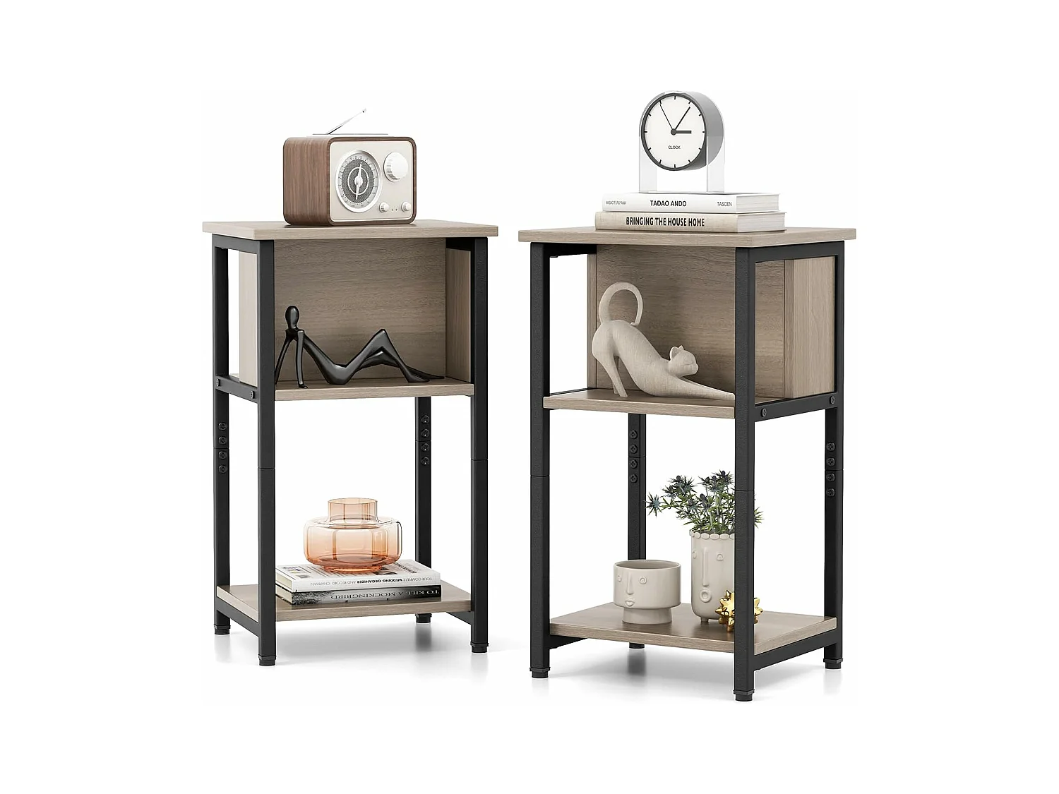 Table de Chevet, Table d'Appoint Compacte 3 Niveaux, 2 Compartiments, Table de Nuit Étroite pour Petits Espaces, Chambre à Coucher, Salon, 34 x 30 x 58,5 cm (2)