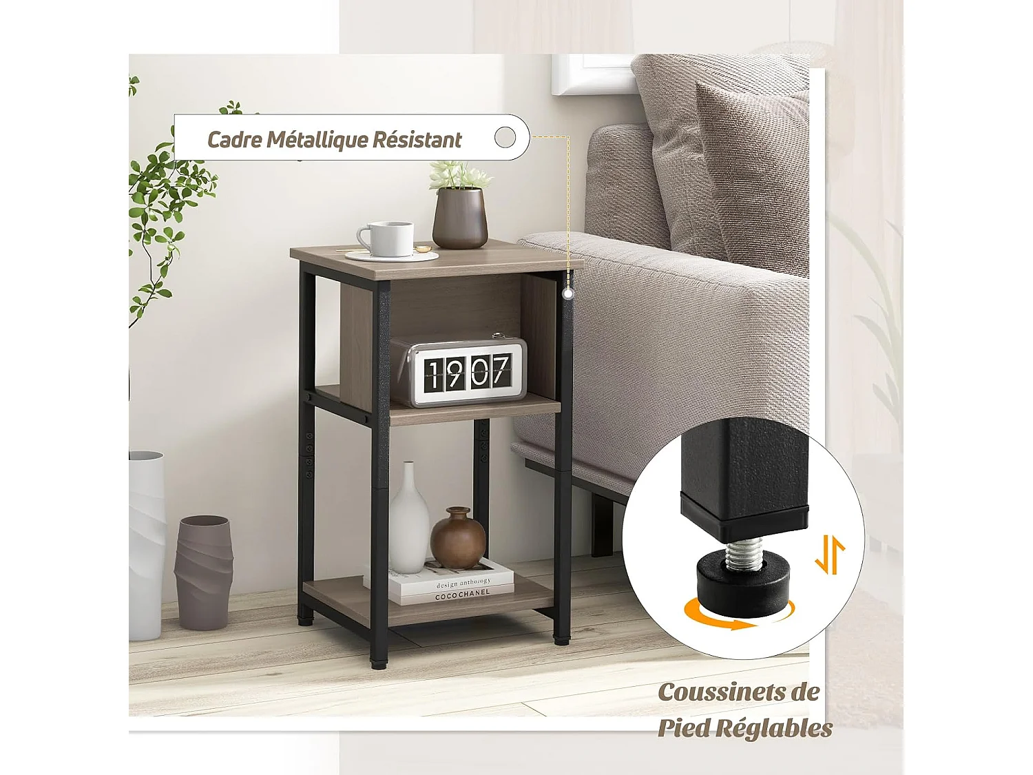 Table de Chevet, Table d'Appoint Compacte 3 Niveaux, 2 Compartiments, Table de Nuit Étroite pour Petits Espaces, Chambre à Coucher, Salon, 34 x 30 x 58,5 cm (2)