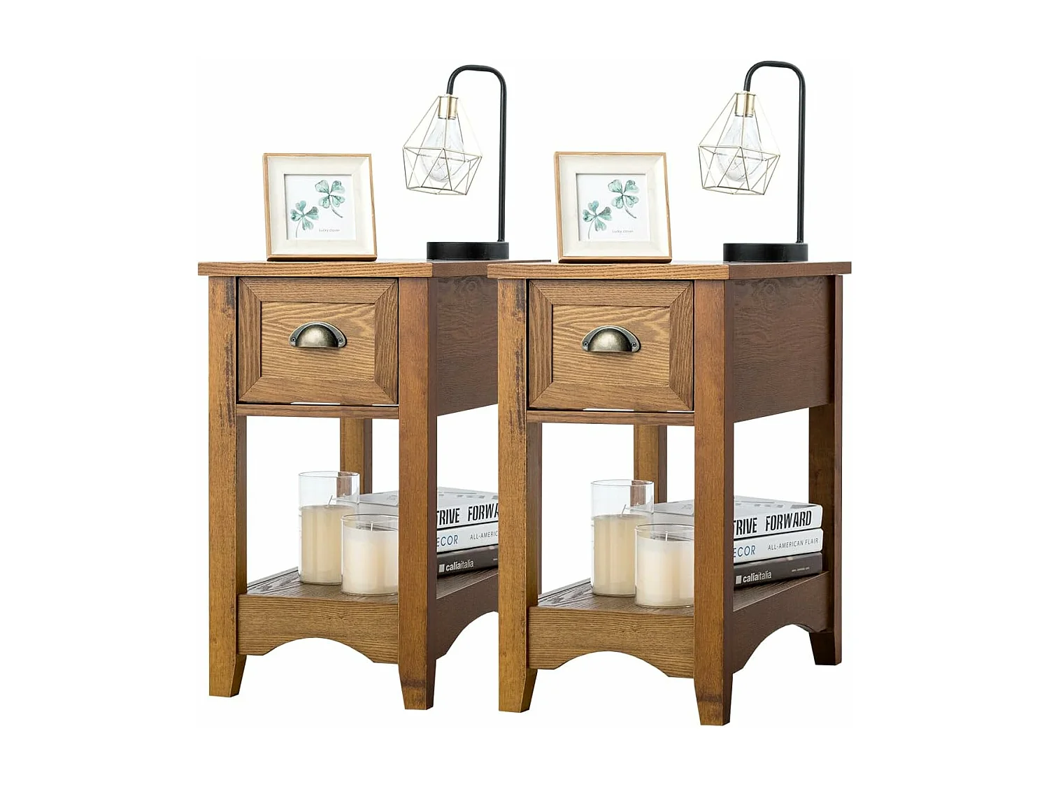 Table de Chevet avec Tiroir, Table d'Appoint Pieds en Bois d'Hévéa, Bout de Canapé Rétro pour Chambre, Salon, 56 x 33 x 58,5 cm (Fauve, Lot de 2)