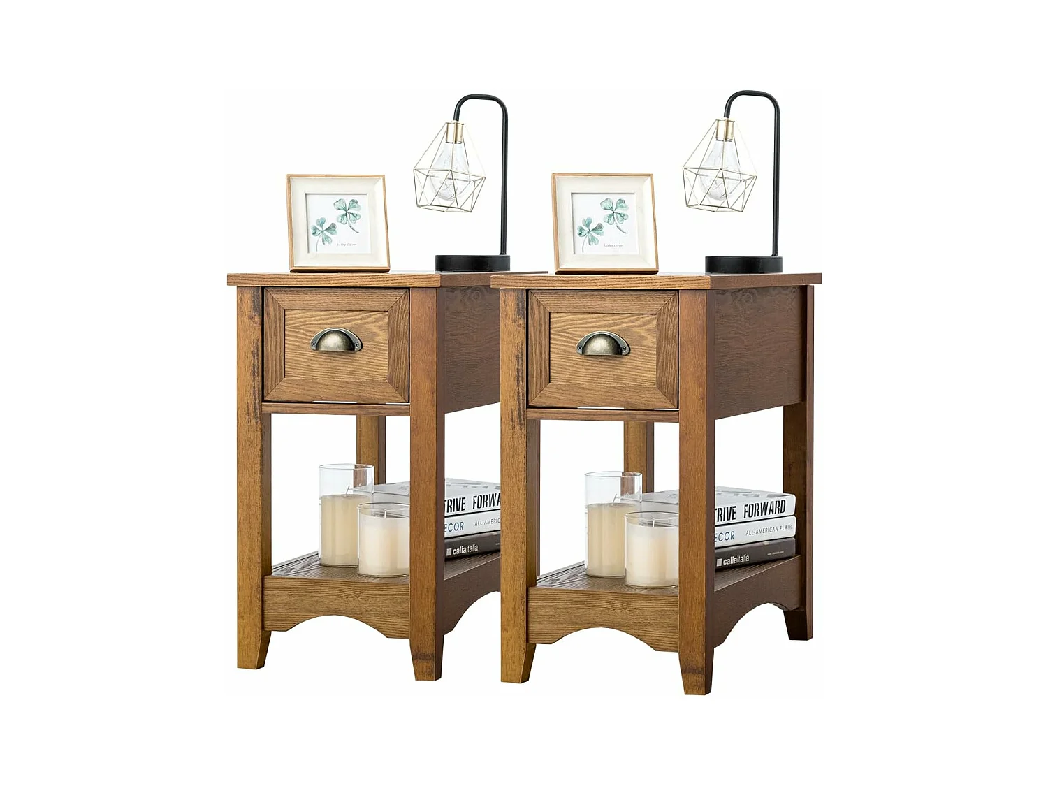 Table de Chevet avec Tiroir, Table d'Appoint Pieds en Bois d'Hévéa, Bout de Canapé Rétro pour Chambre, Salon, 56 x 33 x 58,5 cm (Fauve, Lot de 2)
