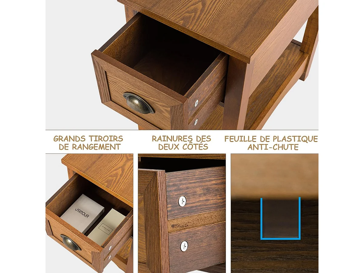 Table de Chevet avec Tiroir, Table d'Appoint Pieds en Bois d'Hévéa, Bout de Canapé Rétro pour Chambre, Salon, 56 x 33 x 58,5 cm (Fauve, Lot de 2)