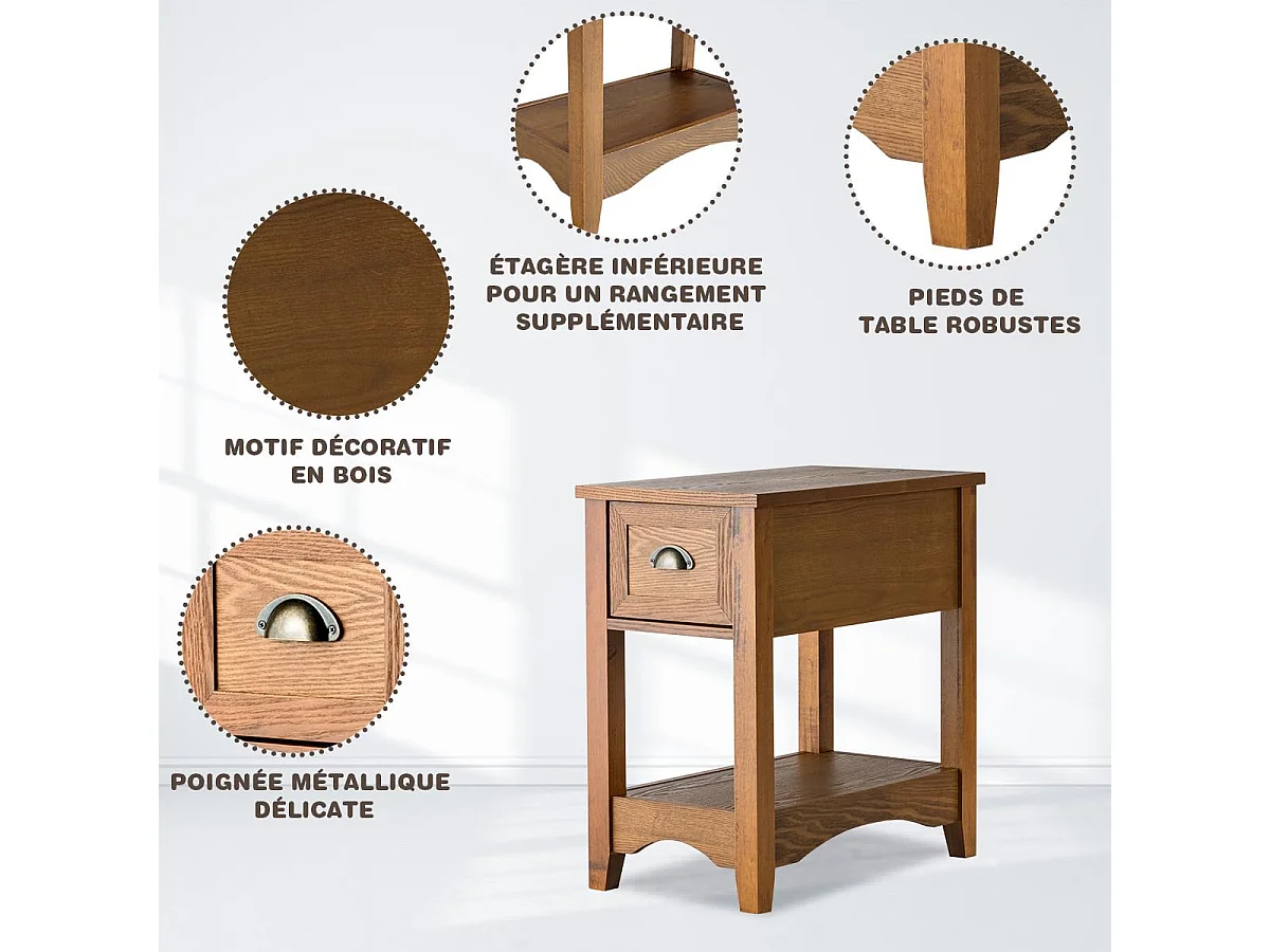 Table de Chevet avec Tiroir, Table d'Appoint Pieds en Bois d'Hévéa, Bout de Canapé Rétro pour Chambre, Salon, 56 x 33 x 58,5 cm (Fauve, Lot de 2)