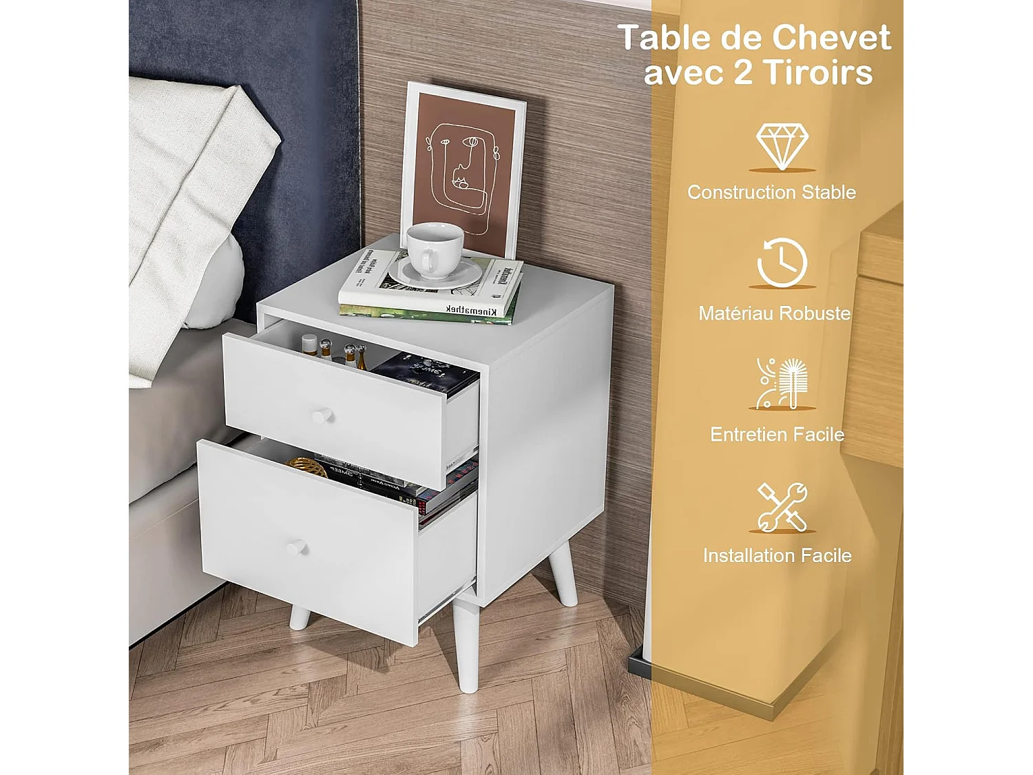 Table de Chevet, Table de Nuit à 2 Tiroirs en Bois d’Hévéa Massif, Chevet de Nuit Moderne pour Salon, Chambre, 45 x 39,5 x 62 CM