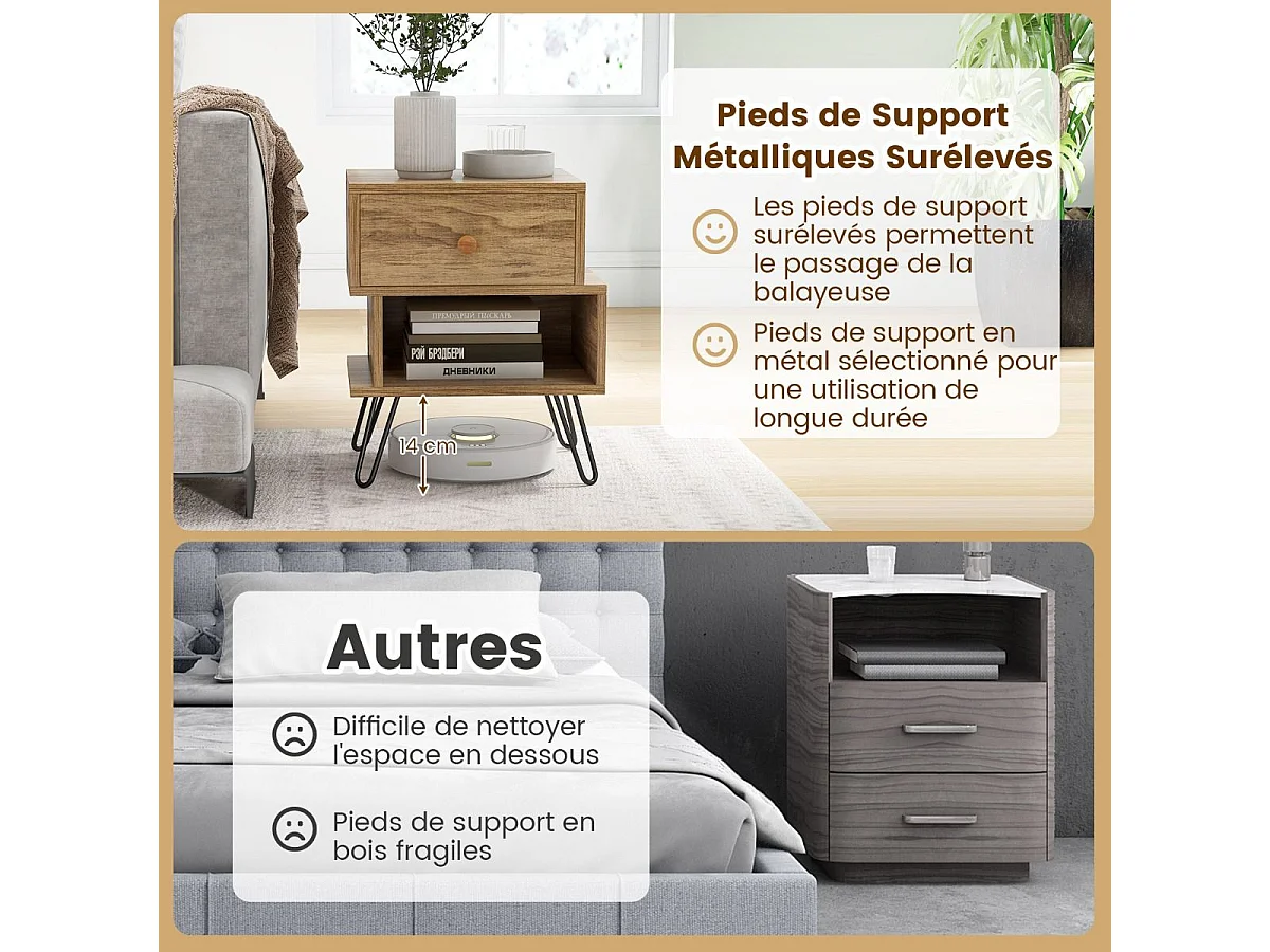 Tables de Chevet Lot de 2 avec Tiroir, 4 Pieds en Métal Surélevés, Tables d'Appoint en Bois avec Compartiment, Design Irrégulier, pour Salon, Chambre
