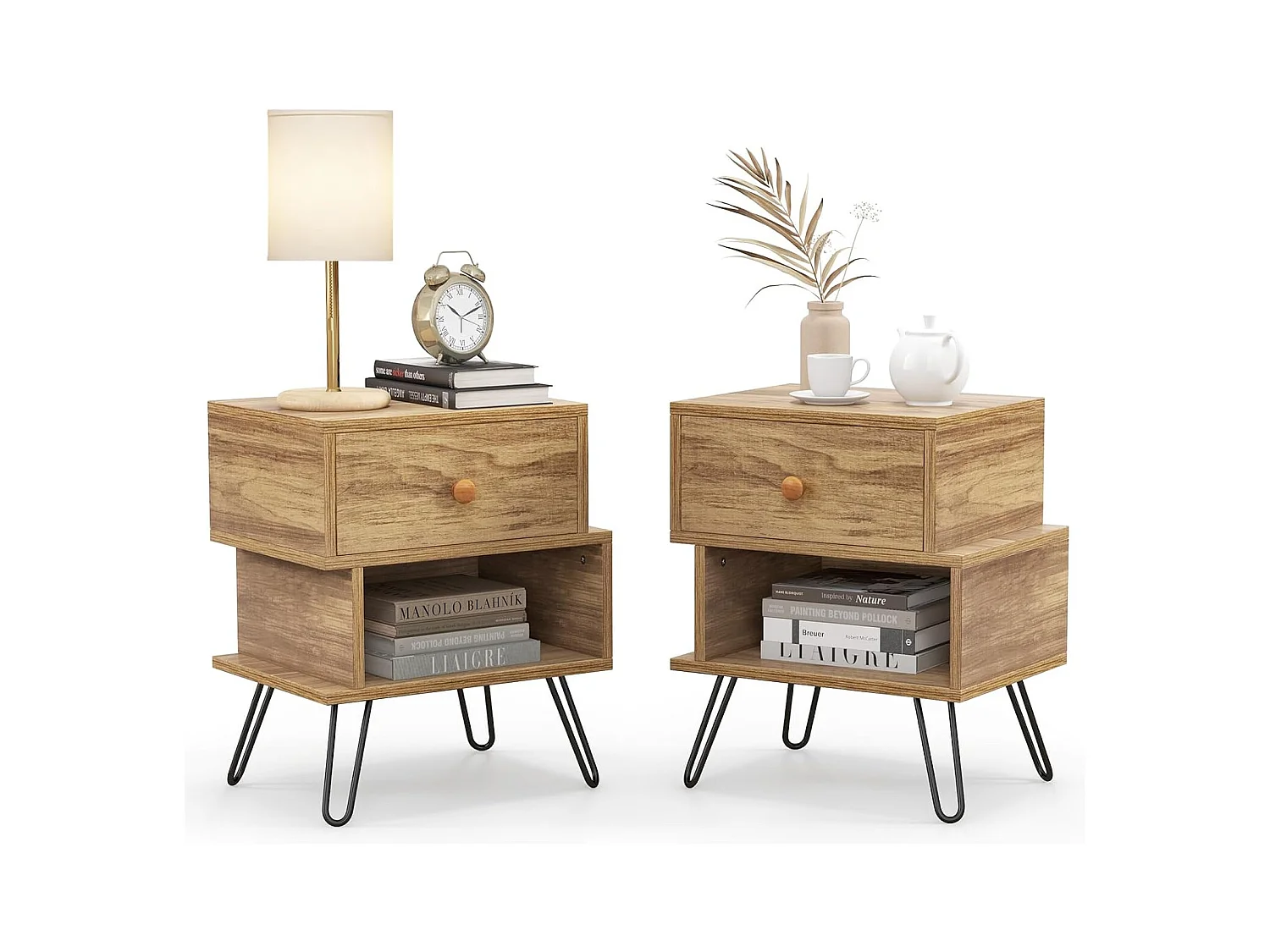 Tables de Chevet Lot de 2 avec Tiroir, 4 Pieds en Métal Surélevés, Tables d'Appoint en Bois avec Compartiment, Design Irrégulier, pour Salon, Chambre
