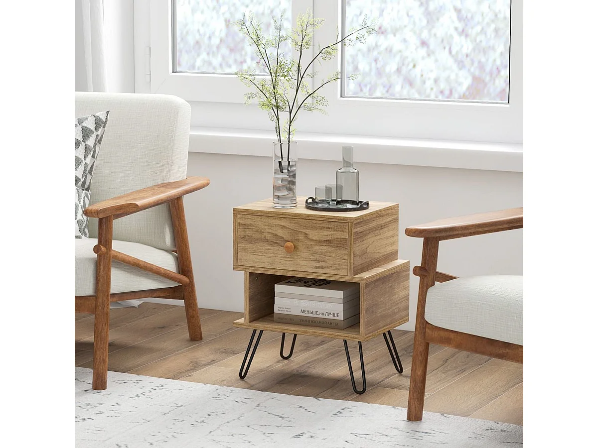 Tables de Chevet Lot de 2 avec Tiroir, 4 Pieds en Métal Surélevés, Tables d'Appoint en Bois avec Compartiment, Design Irrégulier, pour Salon, Chambre