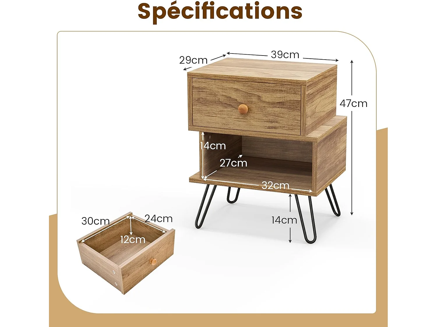 Tables de Chevet Lot de 2 avec Tiroir, 4 Pieds en Métal Surélevés, Tables d'Appoint en Bois avec Compartiment, Design Irrégulier, pour Salon, Chambre