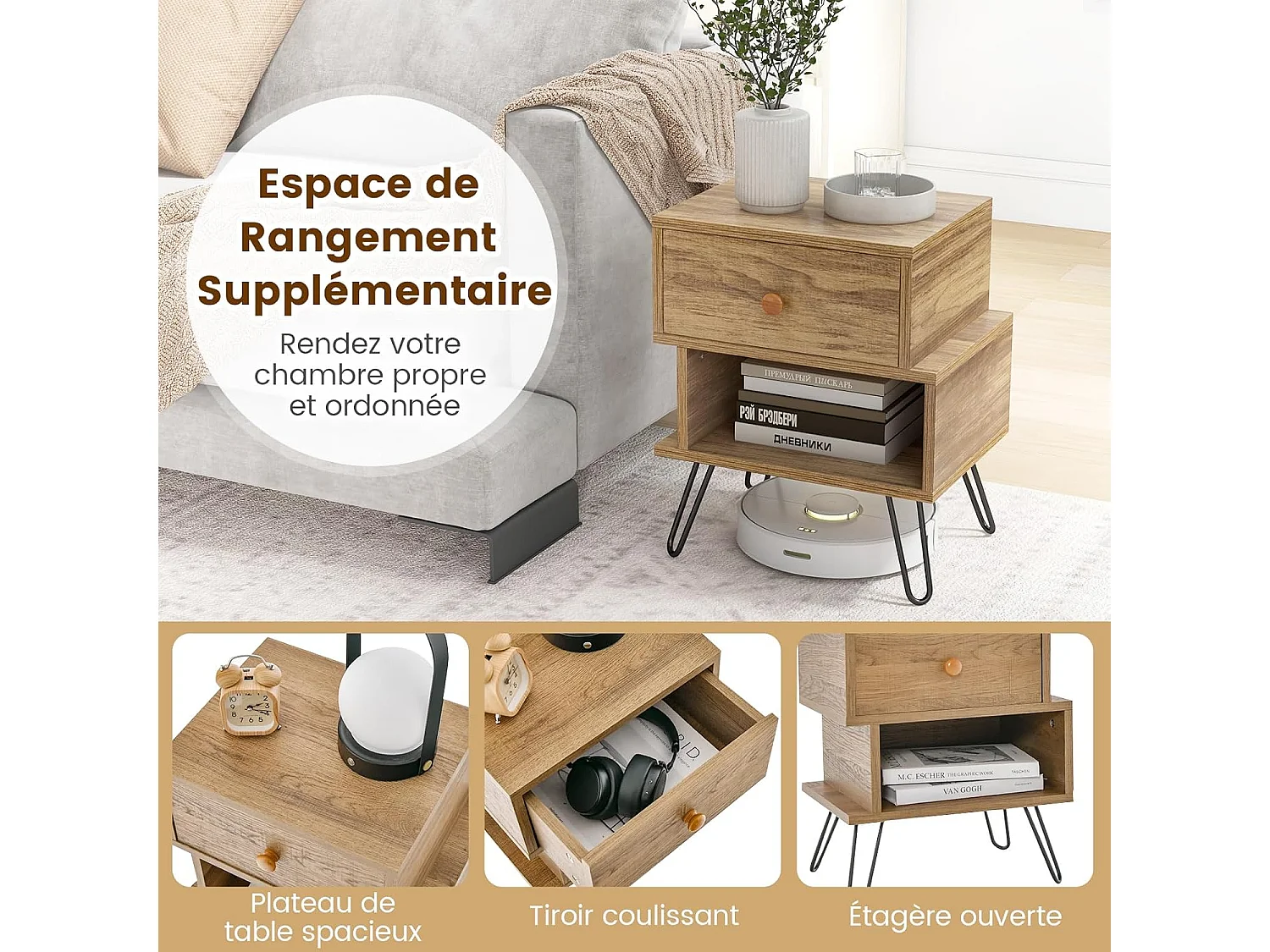 Tables de Chevet Lot de 2 avec Tiroir, 4 Pieds en Métal Surélevés, Tables d'Appoint en Bois avec Compartiment, Design Irrégulier, pour Salon, Chambre