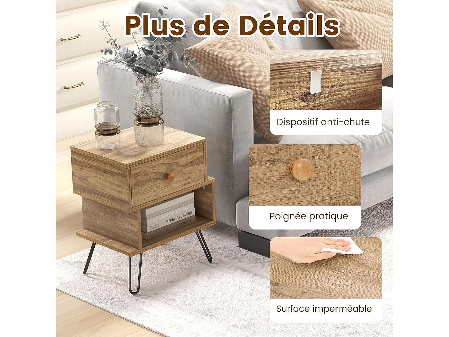 Tables de Chevet Lot de 2 avec Tiroir, 4 Pieds en Métal Surélevés, Tables d'Appoint en Bois avec Compartiment, Design Irrégulier, pour Salon, Chambre