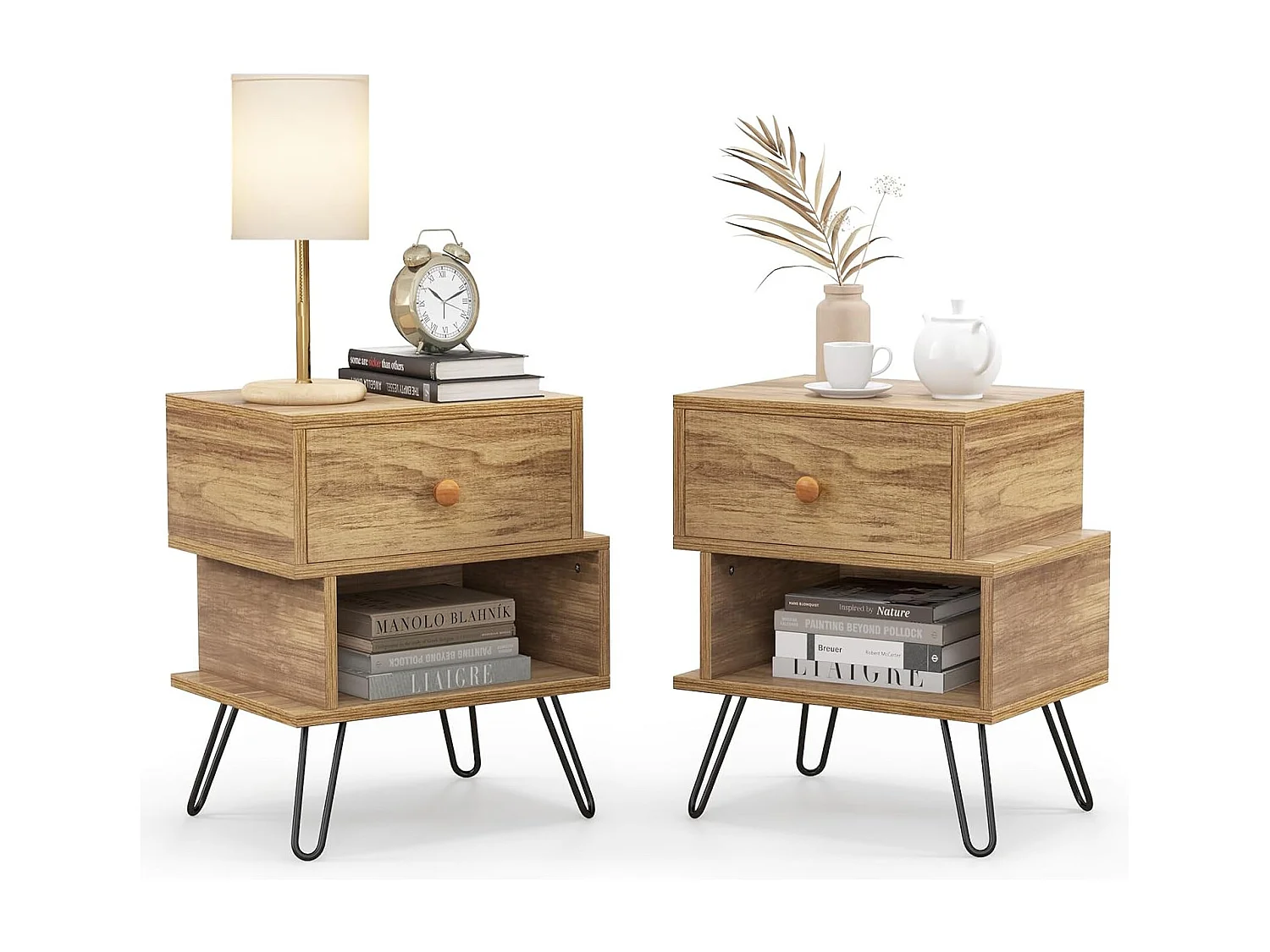 Tables de Chevet Lot de 2 avec Tiroir, 4 Pieds en Métal Surélevés, Tables d'Appoint en Bois avec Compartiment, Design Irrégulier, pour Salon, Chambre