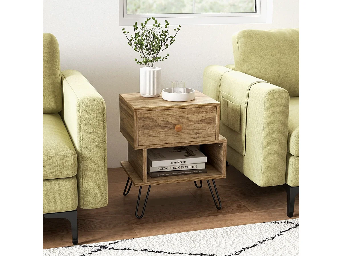 Tables de Chevet Lot de 2 avec Tiroir, 4 Pieds en Métal Surélevés, Tables d'Appoint en Bois avec Compartiment, Design Irrégulier, pour Salon, Chambre