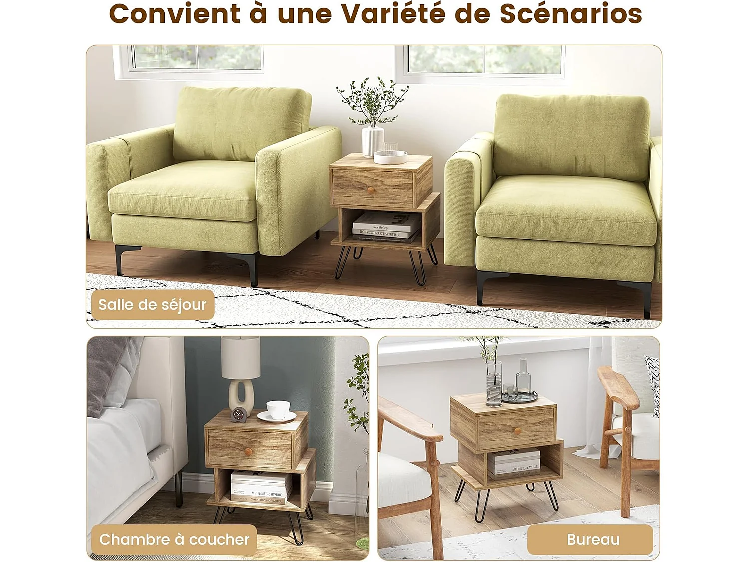 Tables de Chevet Lot de 2 avec Tiroir, 4 Pieds en Métal Surélevés, Tables d'Appoint en Bois avec Compartiment, Design Irrégulier, pour Salon, Chambre