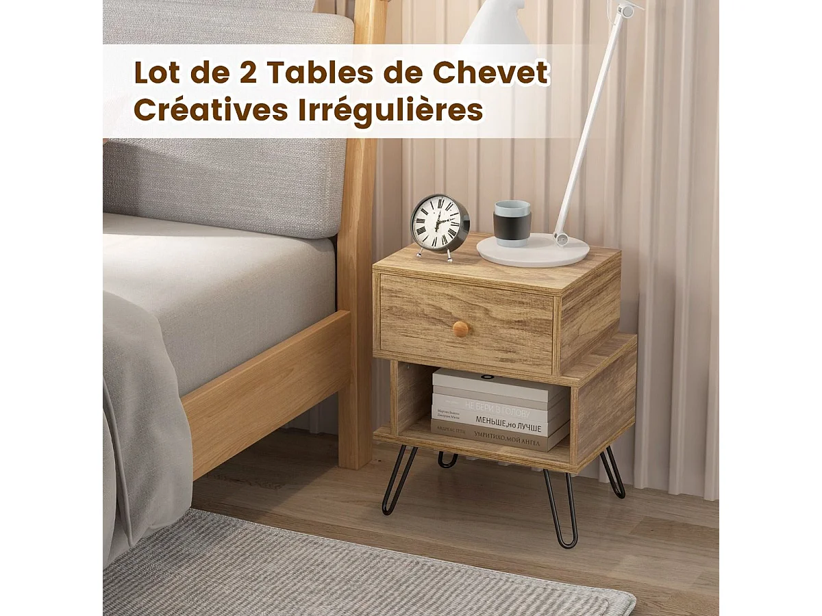Tables de Chevet Lot de 2 avec Tiroir, 4 Pieds en Métal Surélevés, Tables d'Appoint en Bois avec Compartiment, Design Irrégulier, pour Salon, Chambre