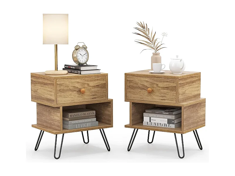 Tables de Chevet Lot de 2 avec Tiroir, 4 Pieds en Métal Surélevés, Tables d'Appoint en Bois avec Compartiment, Design Irrégulier, pour Salon, Chambre