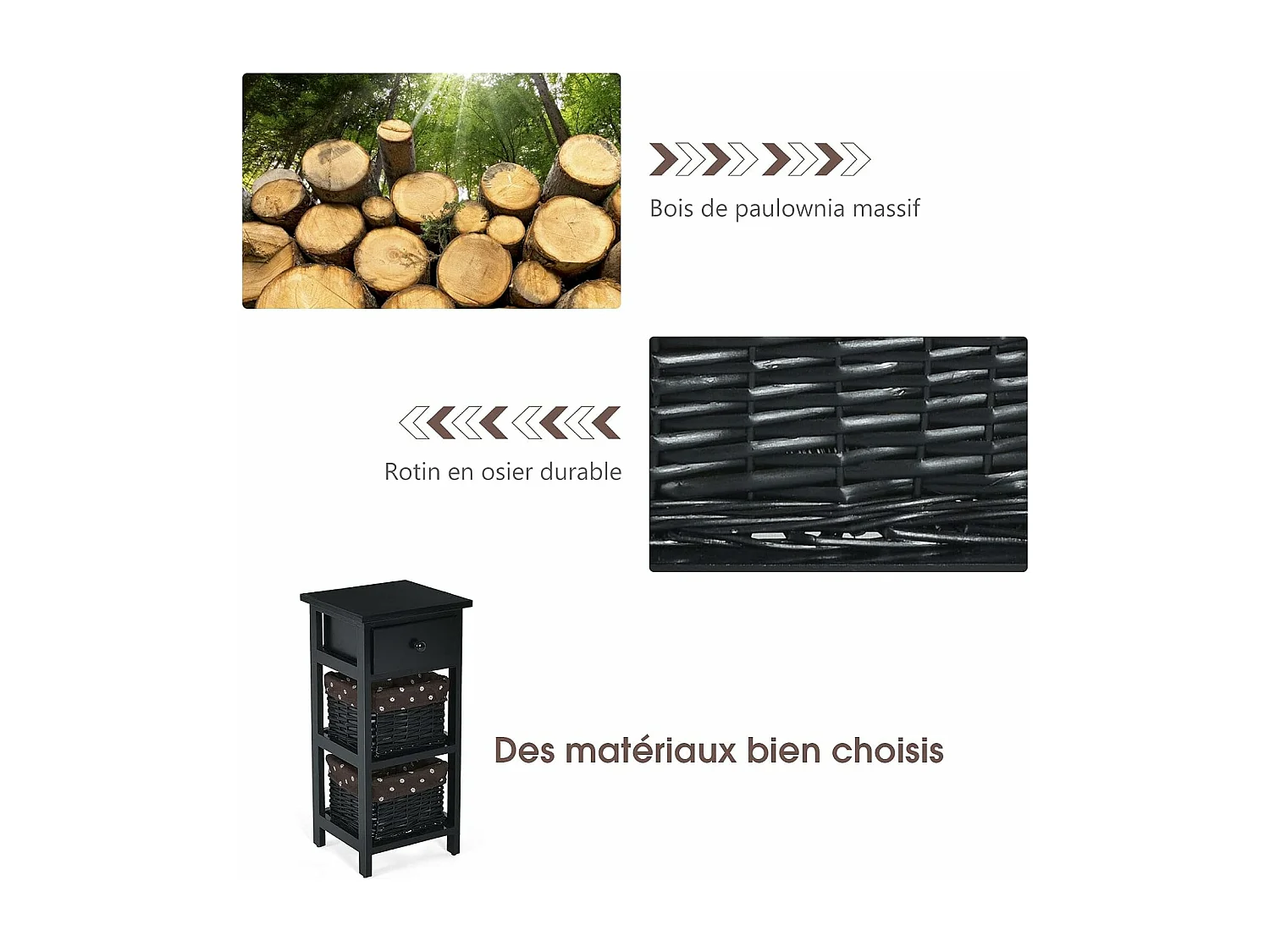 Table de Chevet, Table de Nuit en Bois de Paulownia avec 1 Tiroir et 2 Panier d'Osier Noir