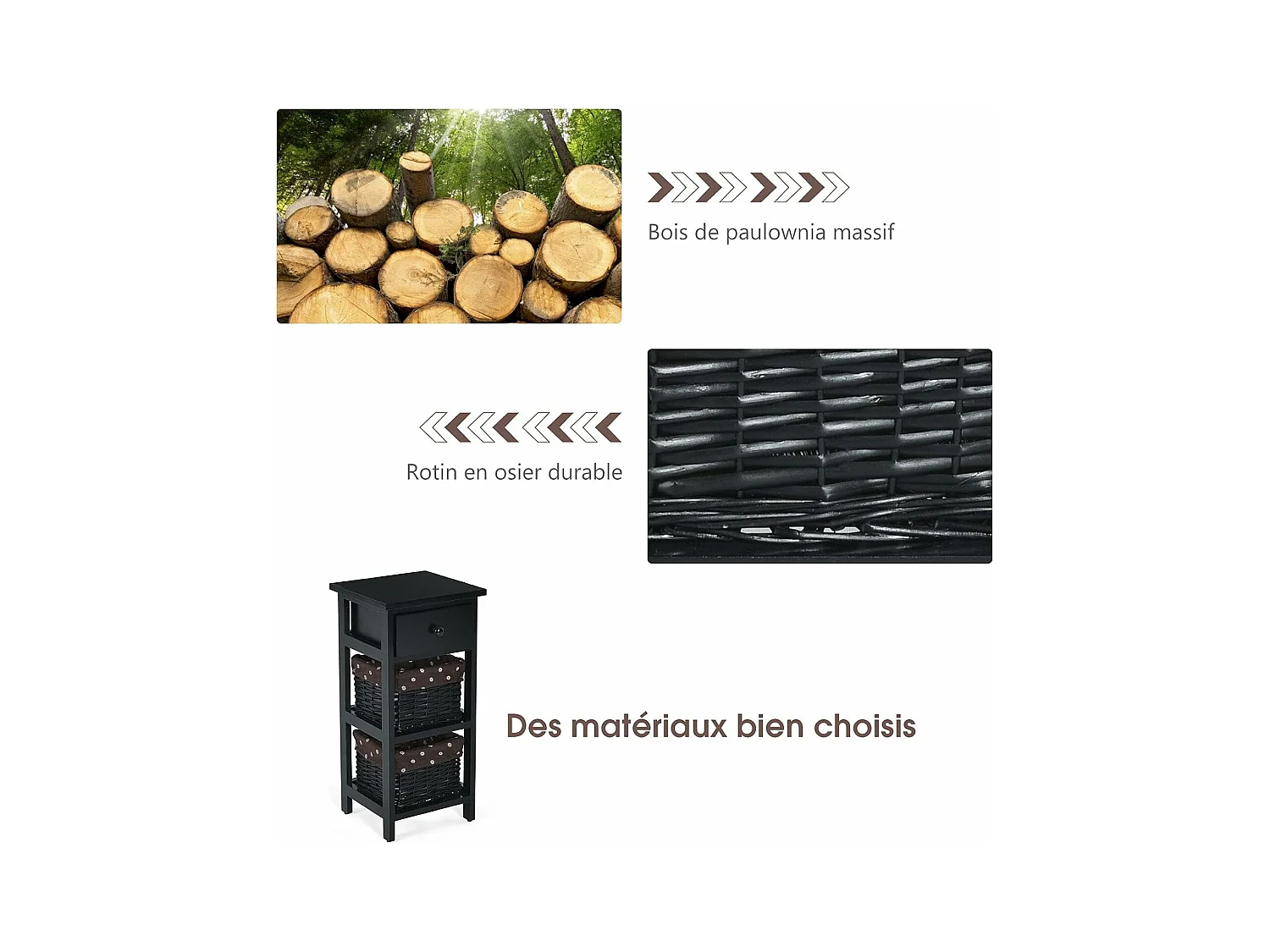 Table de Chevet, Table de Nuit en Bois de Paulownia avec 1 Tiroir et 2 Panier d'Osier Noir