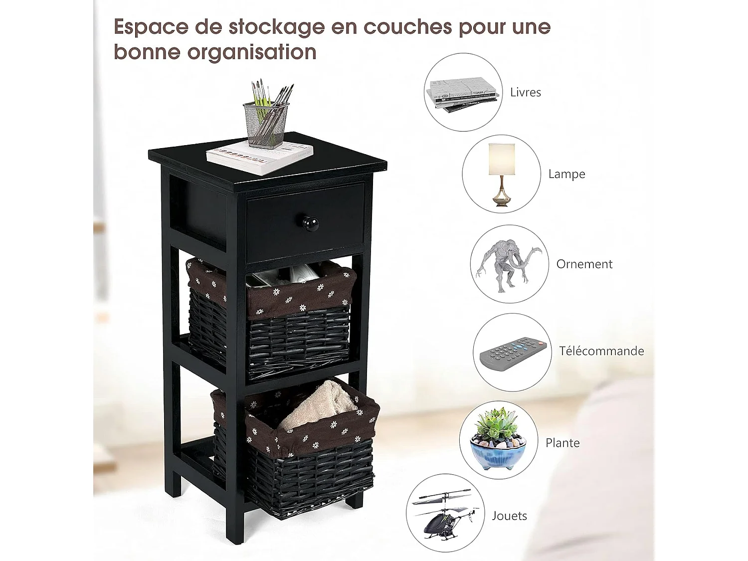 Table de Chevet, Table de Nuit en Bois de Paulownia avec 1 Tiroir et 2 Panier d'Osier Noir