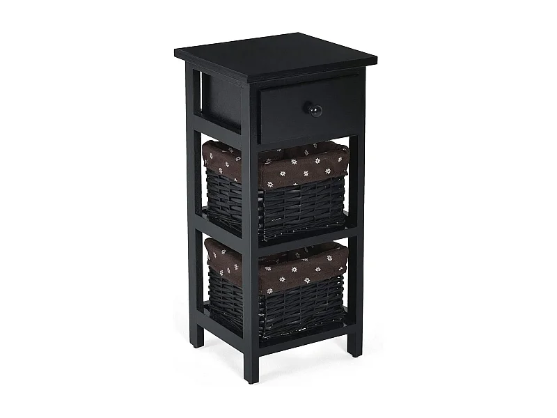 Table de Chevet, Table de Nuit en Bois de Paulownia avec 1 Tiroir et 2 Panier d'Osier Noir