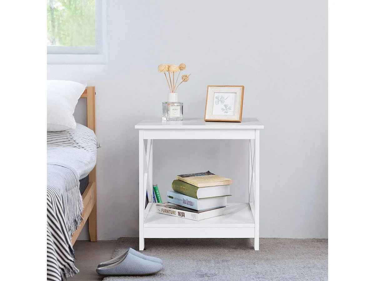 Table de Chevet avec 2 Etagères de Rangement, Style Moderne,Cadre Solide en Forme de X, 48 x 48 x 45CM Blanche pour Chambre, Bureau, Salon