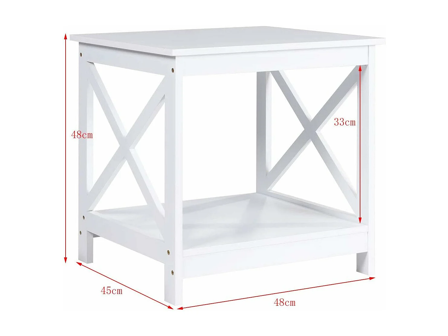 Table de Chevet avec 2 Etagères de Rangement, Style Moderne,Cadre Solide en Forme de X, 48 x 48 x 45CM Blanche pour Chambre, Bureau, Salon
