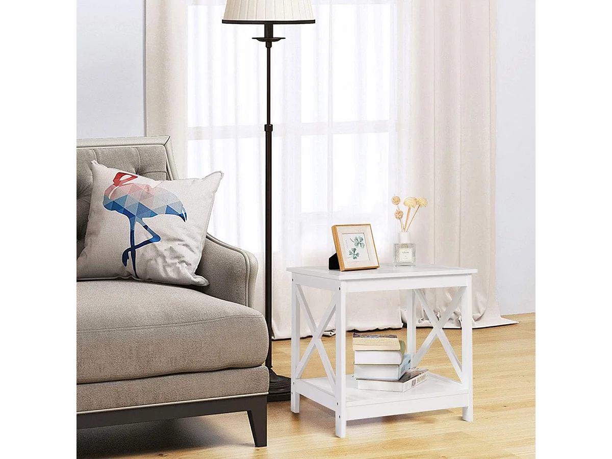 Table de Chevet avec 2 Etagères de Rangement, Style Moderne,Cadre Solide en Forme de X, 48 x 48 x 45CM Blanche pour Chambre, Bureau, Salon