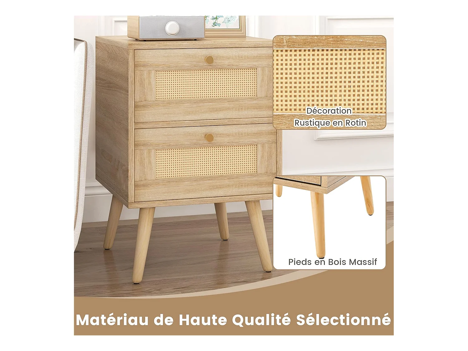 Rattan Bedside Table (Set of 2), Wooden Nightstand with 2 Drawers and 4 Pine Legs, Cane Door, Scandinavian Side Table for Living Room, Bedroom, Bohemian Style, 40 x 40 x 59 cm