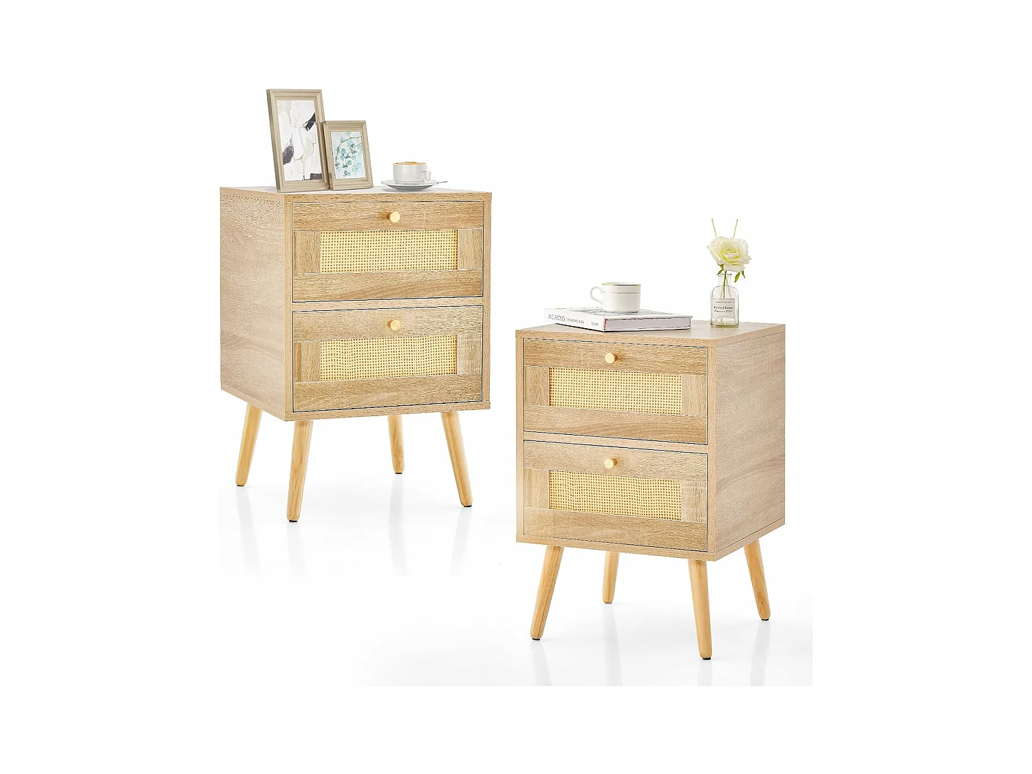 Table de Chevet en Rotin (Lot de 2), Table de Nuit Bois avec 2 Tiroirs et 4 Pieds en Pin, Porte Cannage, Table d'appoint scandinave pour Salon, Chambre, Style Bohème, 40 x 40 x 59 cm
