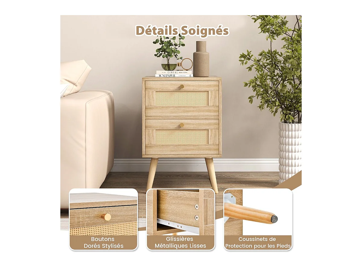 Table de Chevet en Rotin (Lot de 2), Table de Nuit Bois avec 2 Tiroirs et 4 Pieds en Pin, Porte Cannage, Table d'appoint scandinave pour Salon, Chambre, Style Bohème, 40 x 40 x 59 cm