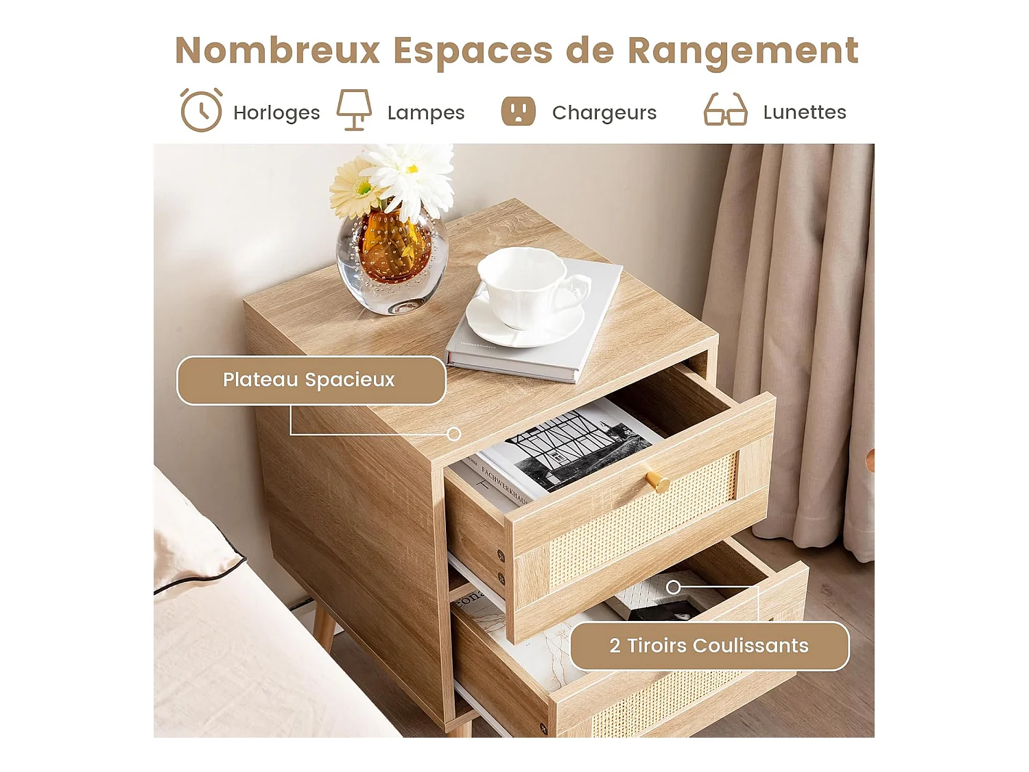 Table de Chevet en Rotin (Lot de 2), Table de Nuit Bois avec 2 Tiroirs et 4 Pieds en Pin, Porte Cannage, Table d'appoint scandinave pour Salon, Chambre, Style Bohème, 40 x 40 x 59 cm