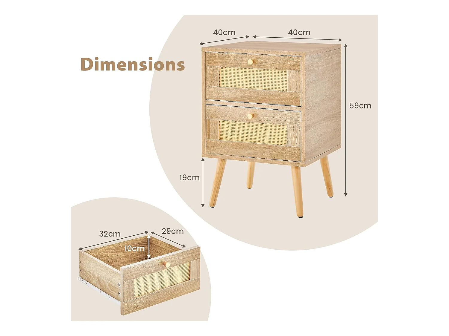 Table de Chevet en Rotin (Lot de 2), Table de Nuit Bois avec 2 Tiroirs et 4 Pieds en Pin, Porte Cannage, Table d'appoint scandinave pour Salon, Chambre, Style Bohème, 40 x 40 x 59 cm