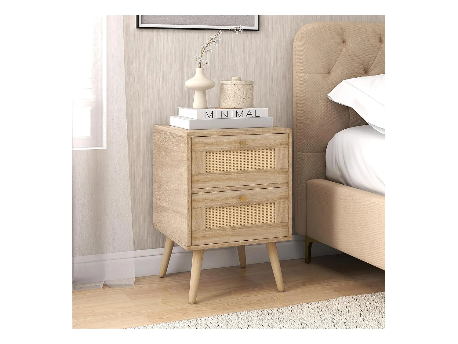 Table de Chevet en Rotin (Lot de 2), Table de Nuit Bois avec 2 Tiroirs et 4 Pieds en Pin, Porte Cannage, Table d'appoint scandinave pour Salon, Chambre, Style Bohème, 40 x 40 x 59 cm