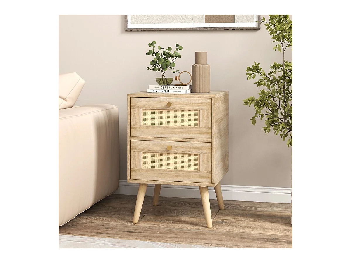 Table de Chevet en Rotin (Lot de 2), Table de Nuit Bois avec 2 Tiroirs et 4 Pieds en Pin, Porte Cannage, Table d'appoint scandinave pour Salon, Chambre, Style Bohème, 40 x 40 x 59 cm
