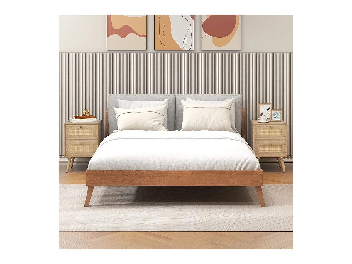 Table de Chevet en Rotin (Lot de 2), Table de Nuit Bois avec 2 Tiroirs et 4 Pieds en Pin, Porte Cannage, Table d'appoint scandinave pour Salon, Chambre, Style Bohème, 40 x 40 x 59 cm