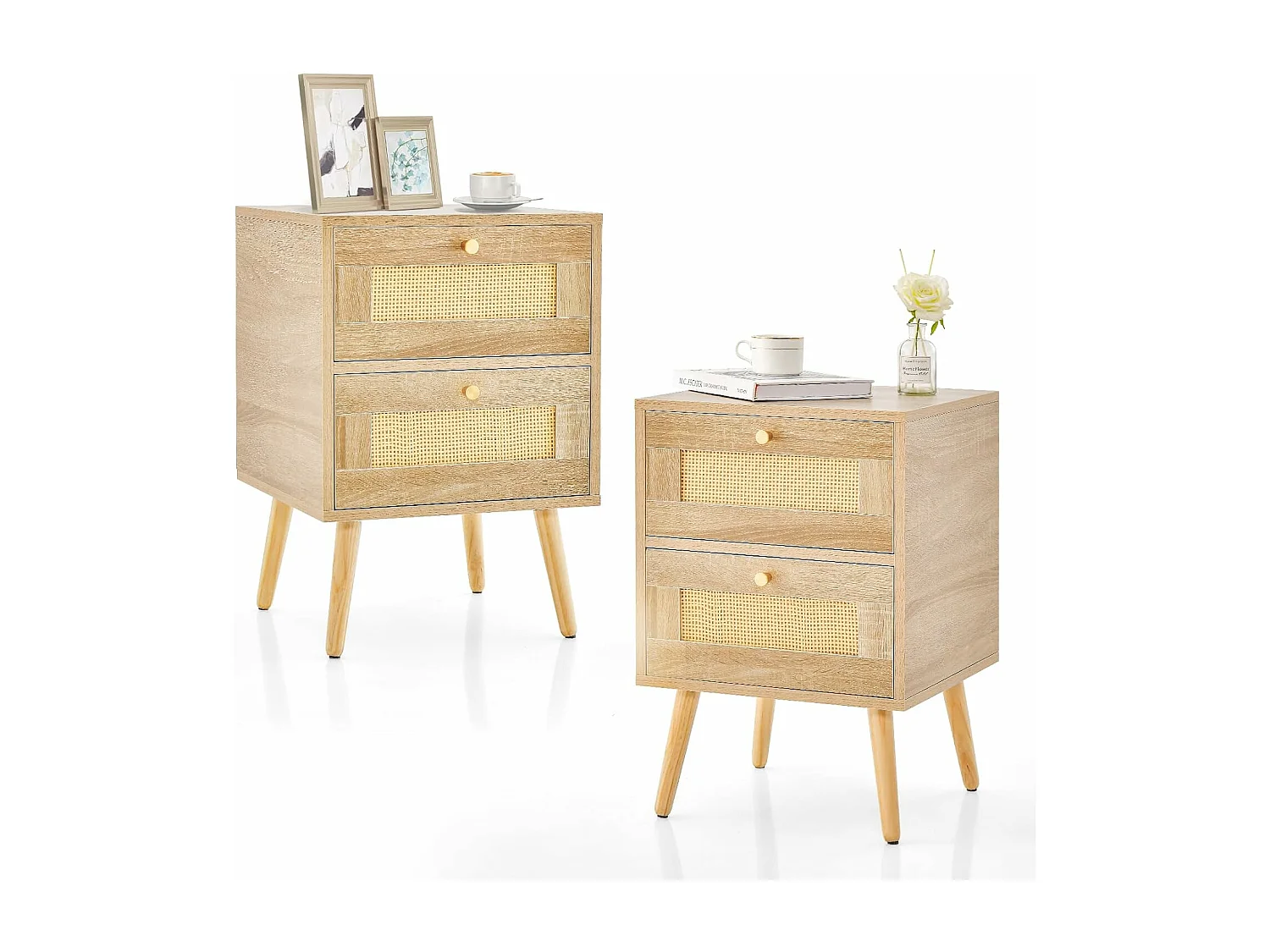 Table de Chevet en Rotin (Lot de 2), Table de Nuit Bois avec 2 Tiroirs et 4 Pieds en Pin, Porte Cannage, Table d'appoint scandinave pour Salon, Chambre, Style Bohème, 40 x 40 x 59 cm