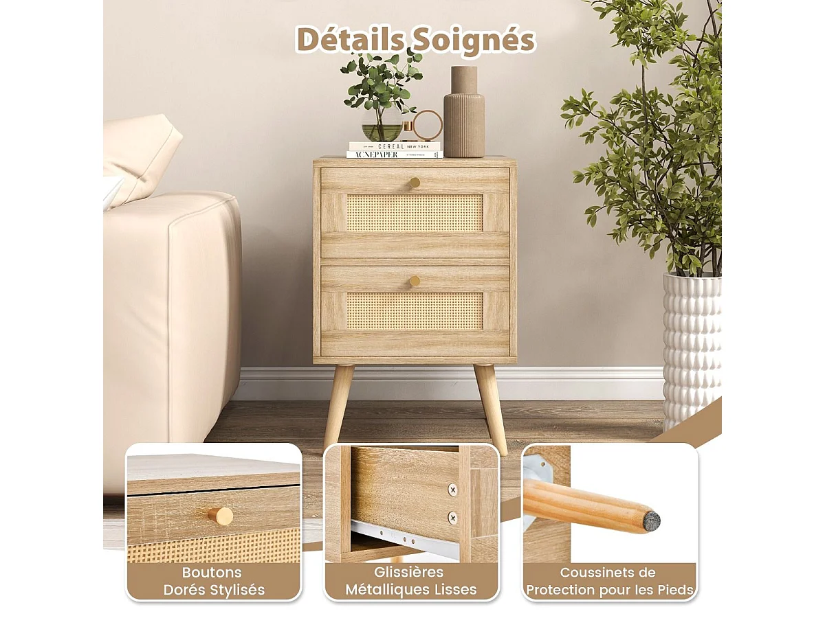 Table de Chevet en Rotin (Lot de 2), Table de Nuit Bois avec 2 Tiroirs et 4 Pieds en Pin, Porte Cannage, Table d'appoint scandinave pour Salon, Chambre, Style Bohème, 40 x 40 x 59 cm