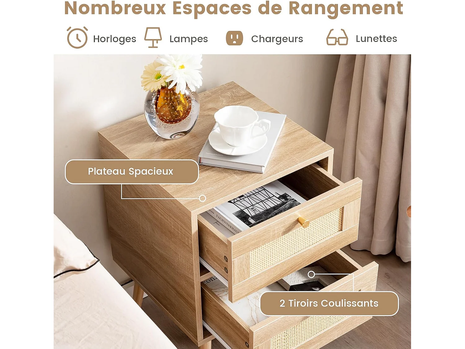 Table de Chevet en Rotin (Lot de 2), Table de Nuit Bois avec 2 Tiroirs et 4 Pieds en Pin, Porte Cannage, Table d'appoint scandinave pour Salon, Chambre, Style Bohème, 40 x 40 x 59 cm