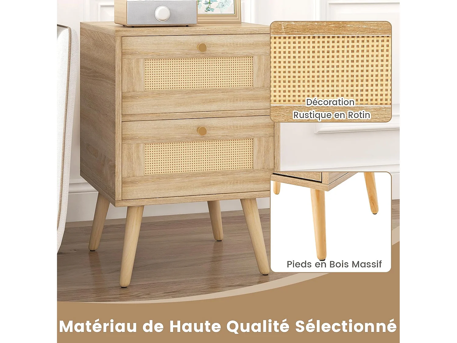 Table de Chevet en Rotin (Lot de 2), Table de Nuit Bois avec 2 Tiroirs et 4 Pieds en Pin, Porte Cannage, Table d'appoint scandinave pour Salon, Chambre, Style Bohème, 40 x 40 x 59 cm