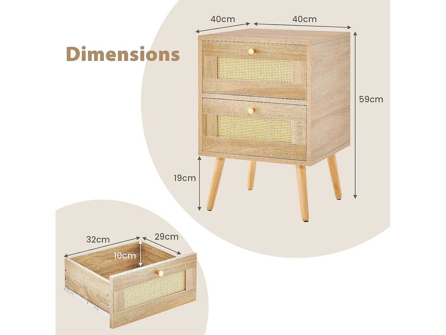 Table de Chevet en Rotin (Lot de 2), Table de Nuit Bois avec 2 Tiroirs et 4 Pieds en Pin, Porte Cannage, Table d'appoint scandinave pour Salon, Chambre, Style Bohème, 40 x 40 x 59 cm