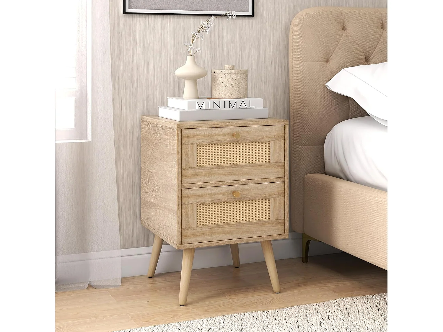 Table de Chevet en Rotin (Lot de 2), Table de Nuit Bois avec 2 Tiroirs et 4 Pieds en Pin, Porte Cannage, Table d'appoint scandinave pour Salon, Chambre, Style Bohème, 40 x 40 x 59 cm
