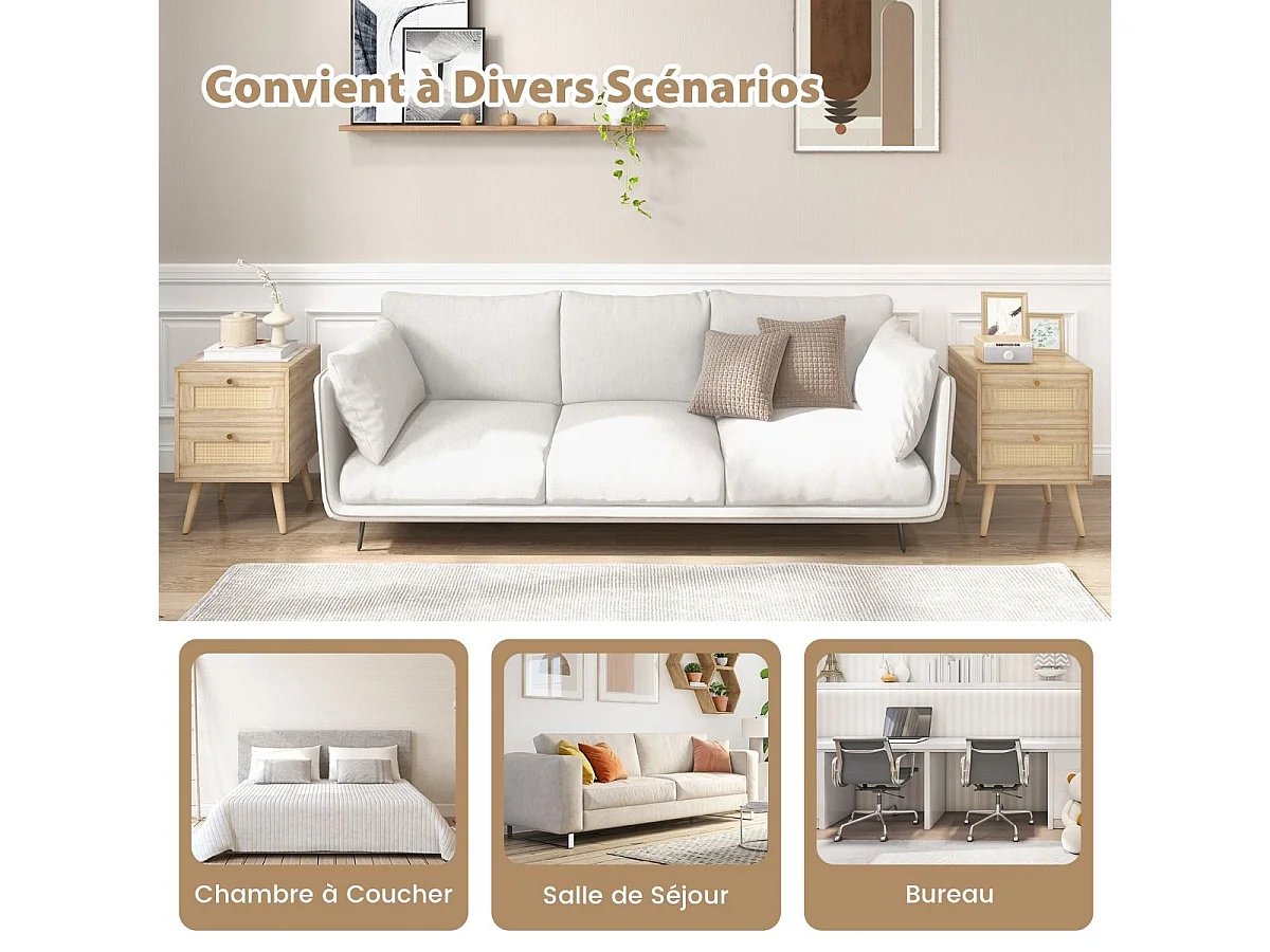 Table de Chevet en Rotin (Lot de 2), Table de Nuit Bois avec 2 Tiroirs et 4 Pieds en Pin, Porte Cannage, Table d'appoint scandinave pour Salon, Chambre, Style Bohème, 40 x 40 x 59 cm