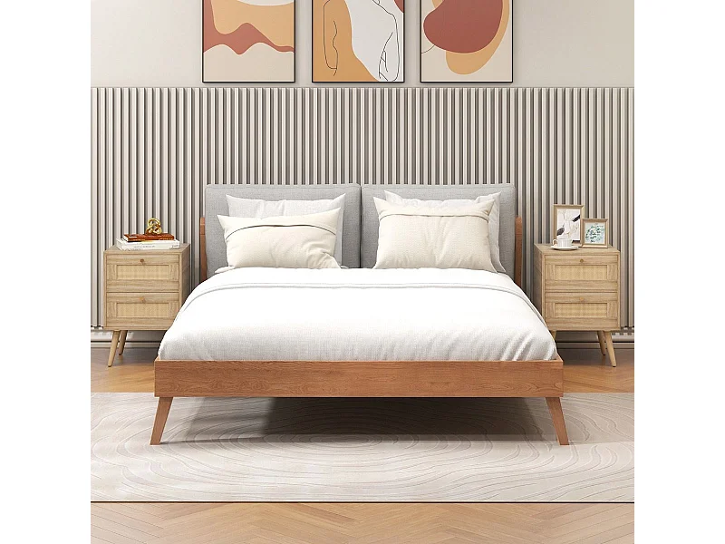 Table de Chevet en Rotin (Lot de 2), Table de Nuit Bois avec 2 Tiroirs et 4 Pieds en Pin, Porte Cannage, Table d'appoint scandinave pour Salon, Chambre, Style Bohème, 40 x 40 x 59 cm