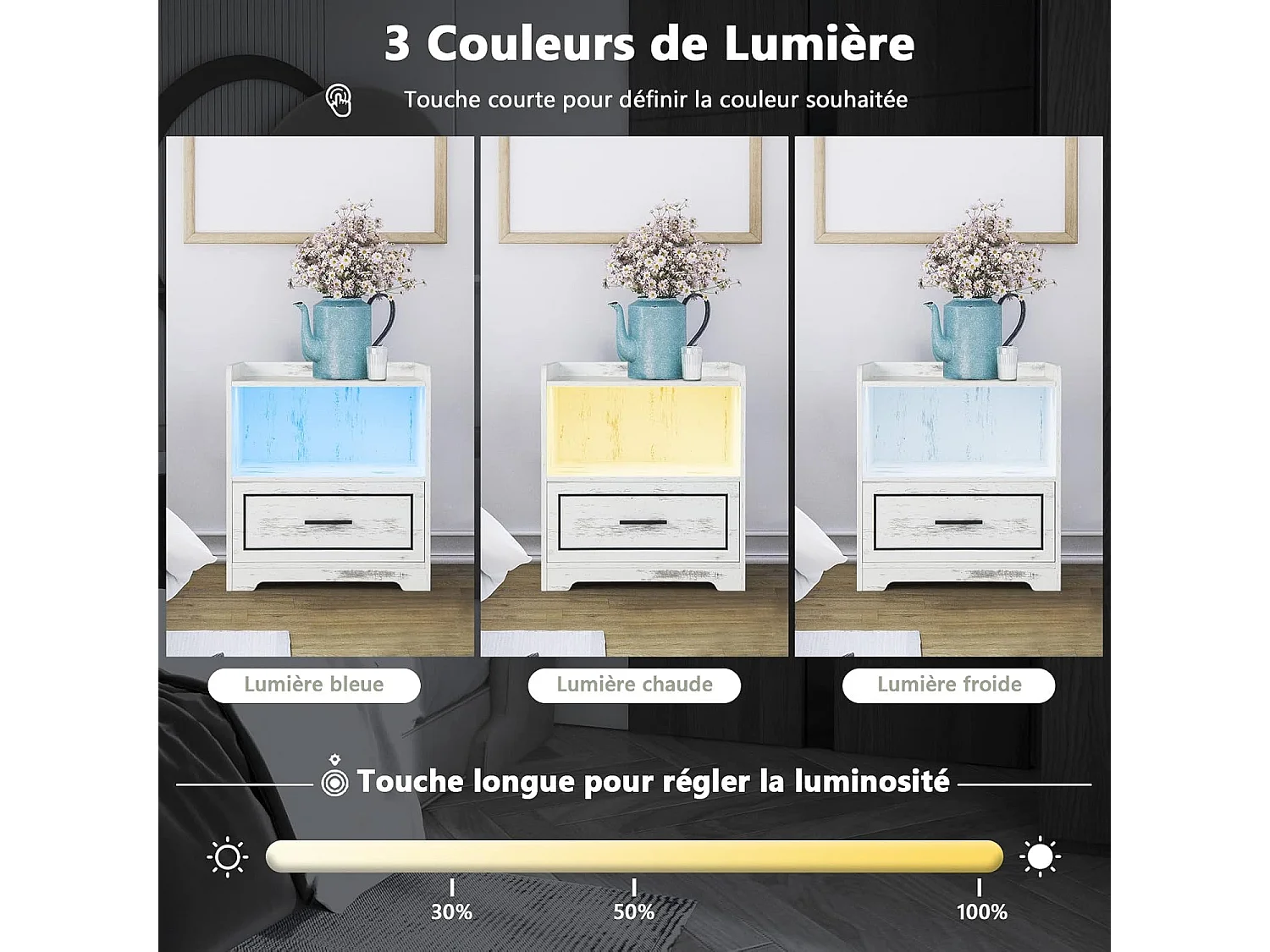 Table de Chevet LED avec port USB et TYPE-C, étagère ouverte et tiroir, 3 Couleurs de Lumière, Capteur Intelligent, 45 x 40 x 50 cm